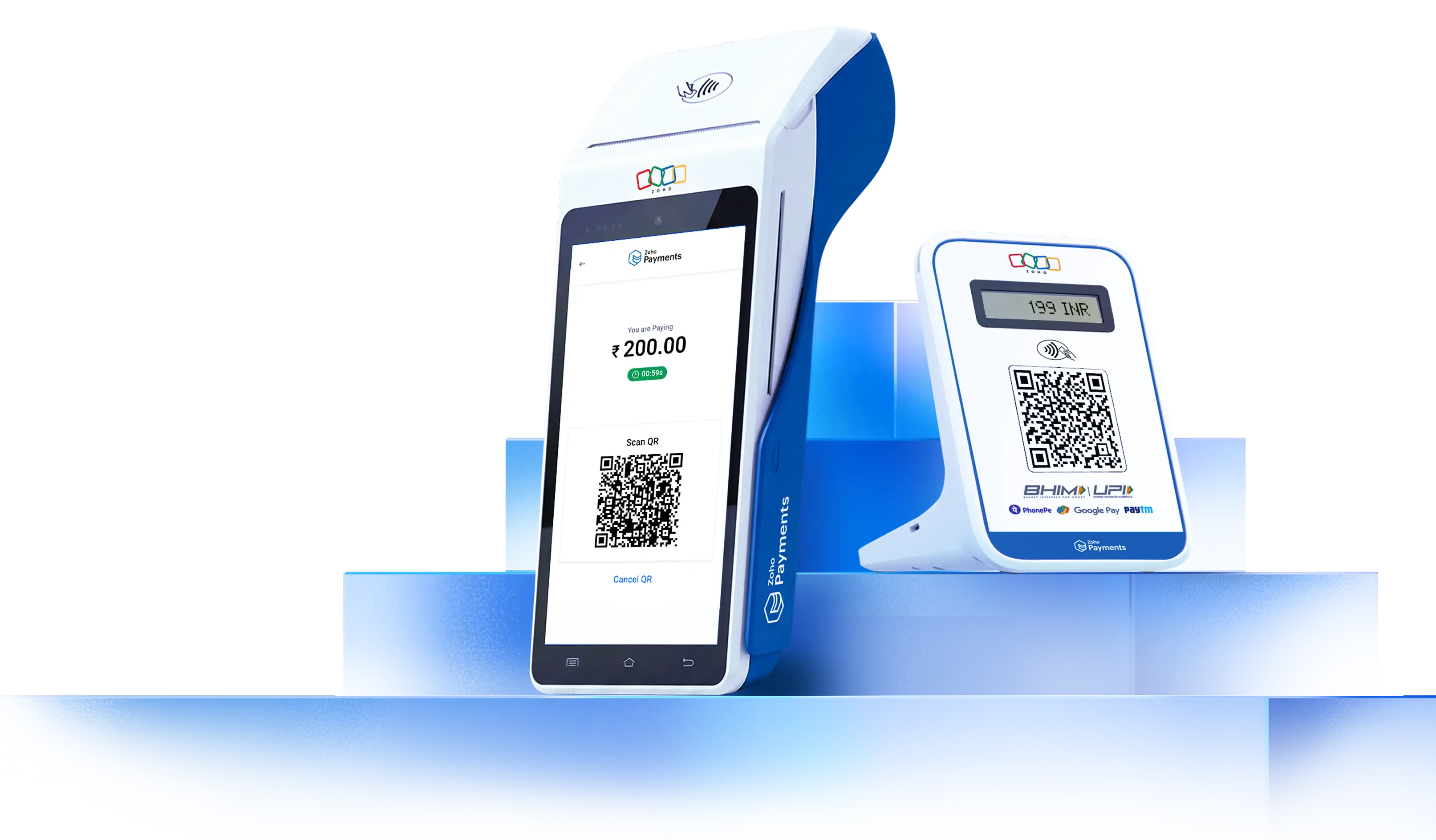 Zoho Payments POS terminal and QR soundbox device