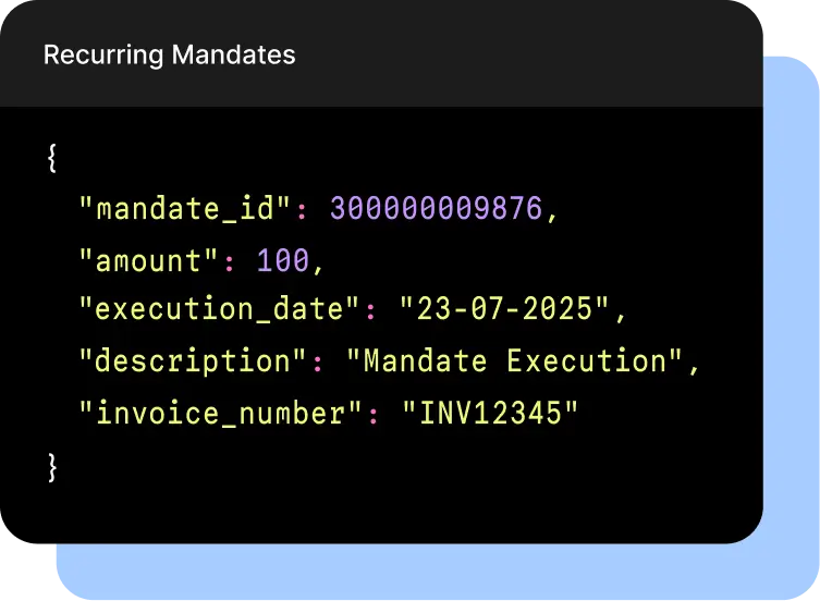 Sample Recurring Mandates API response showing mandate ID, amount, execution date, description, and invoice number