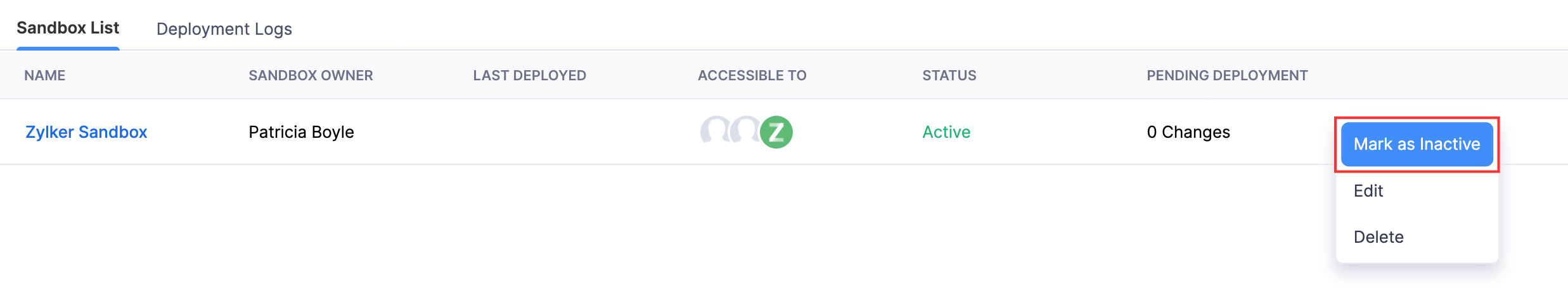 The Sandbox List tab of a sandbox. To mark a sandbox as inactive, hover it, click the More button and click Mark as Inactive.