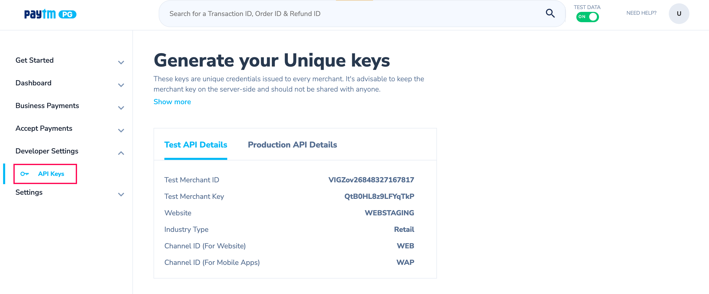 screen shot of paytm API