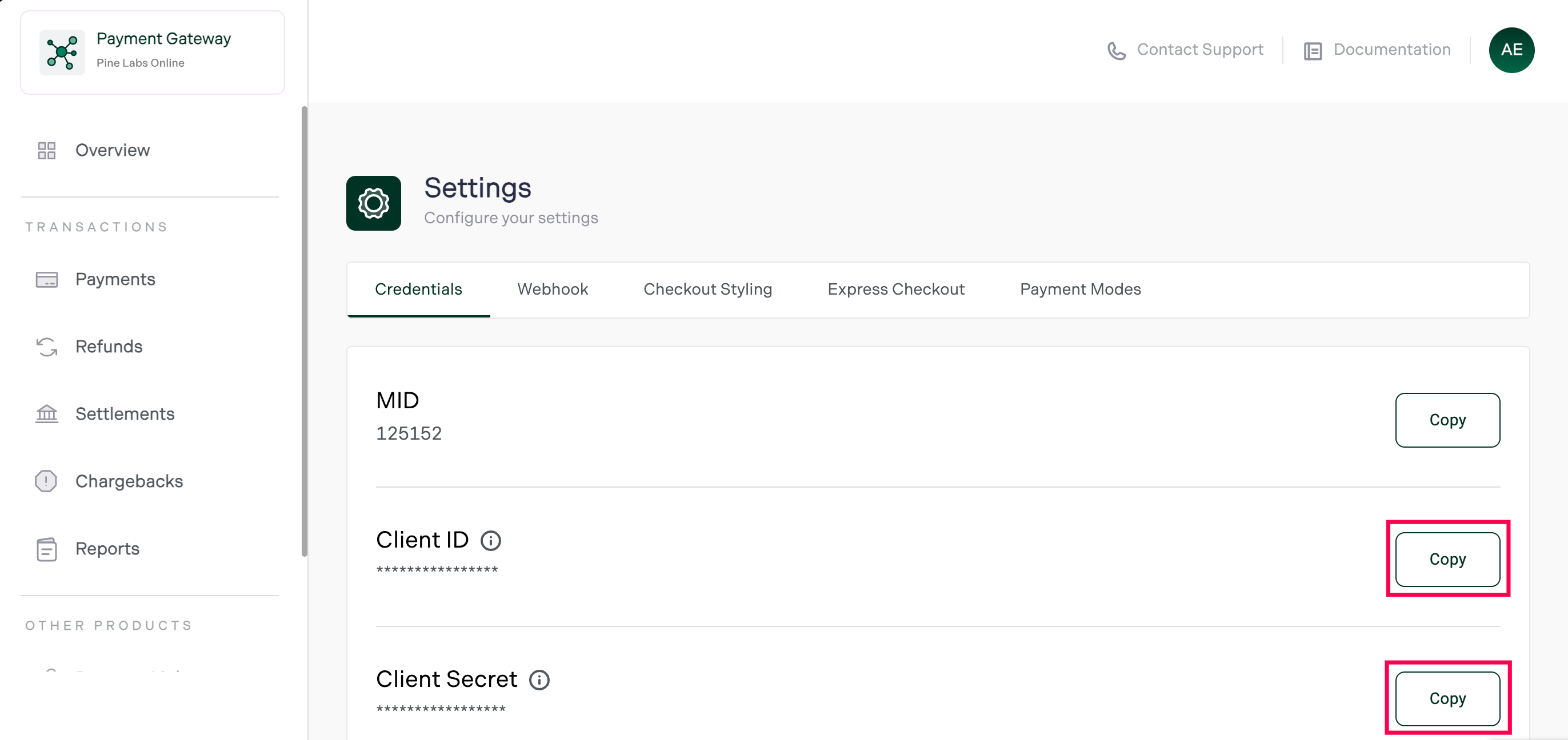 screen shot of pine labs client id and client secret