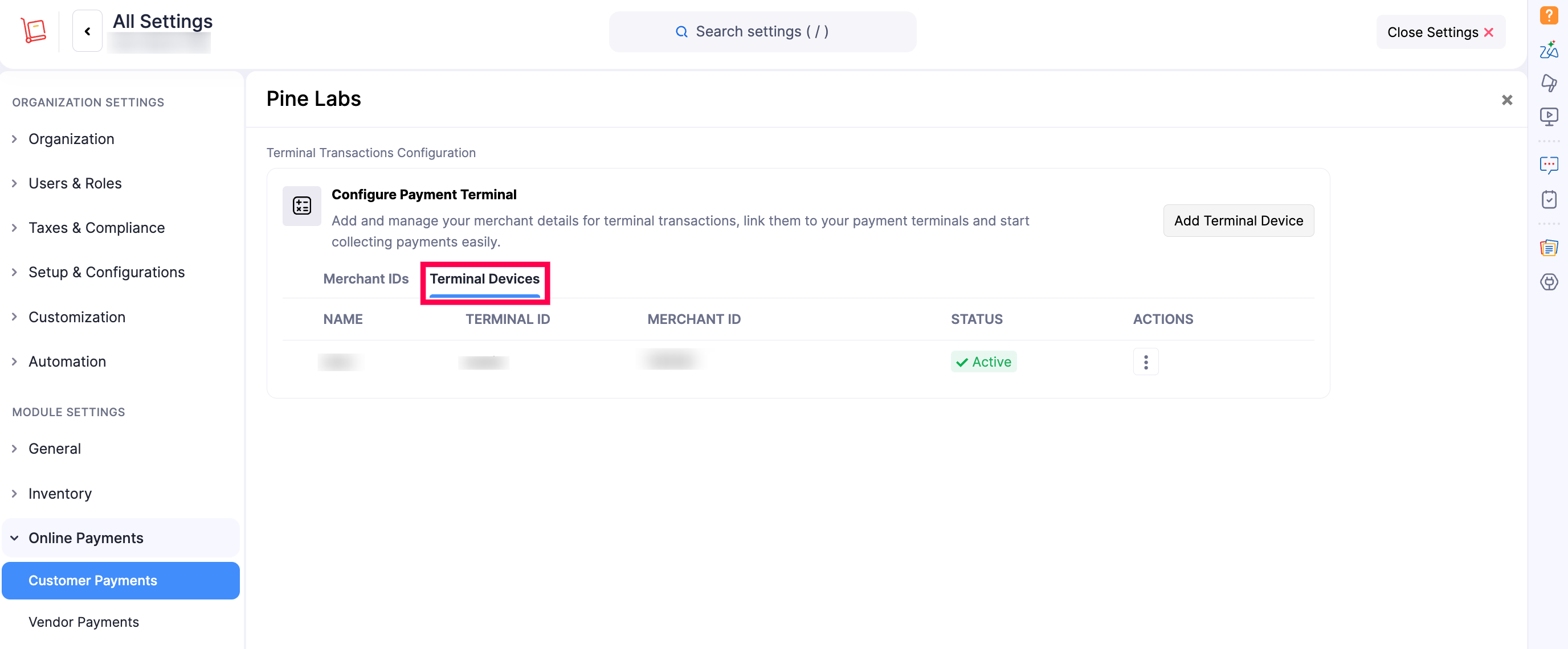 screen shot of terminal payments