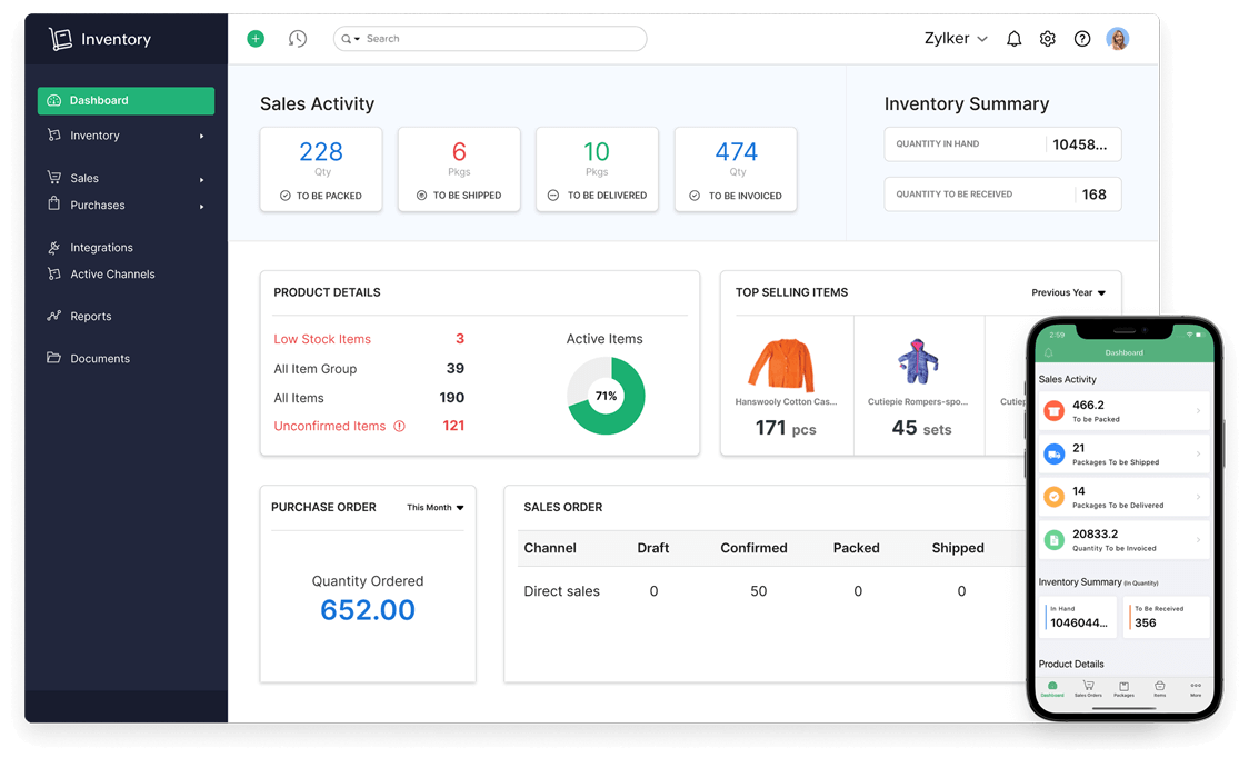 Zoho Inventory's dashboard for inventory management