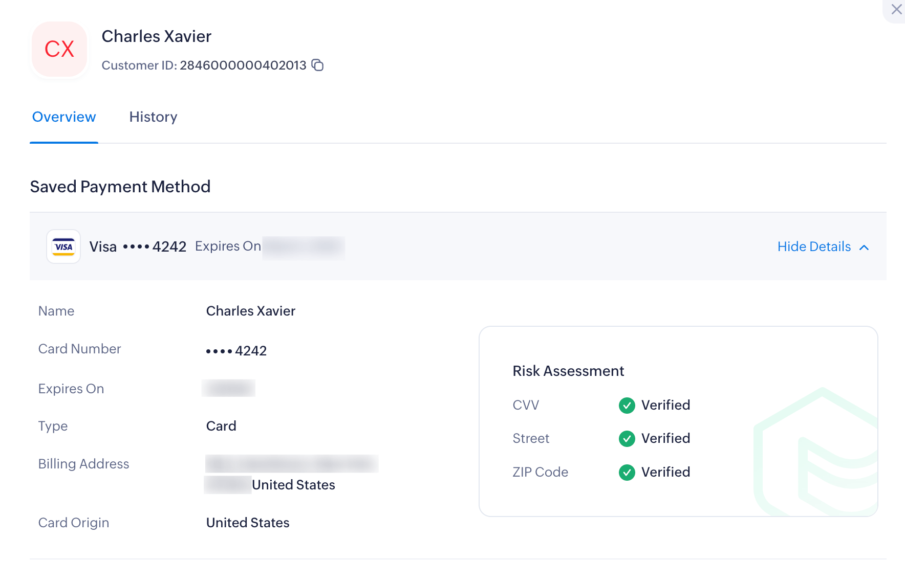 view saved card details of your customer