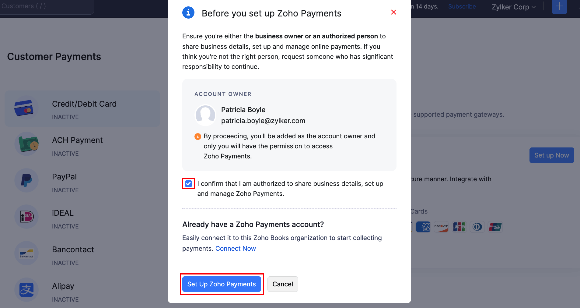 Authorize to Set up Zoho Payments