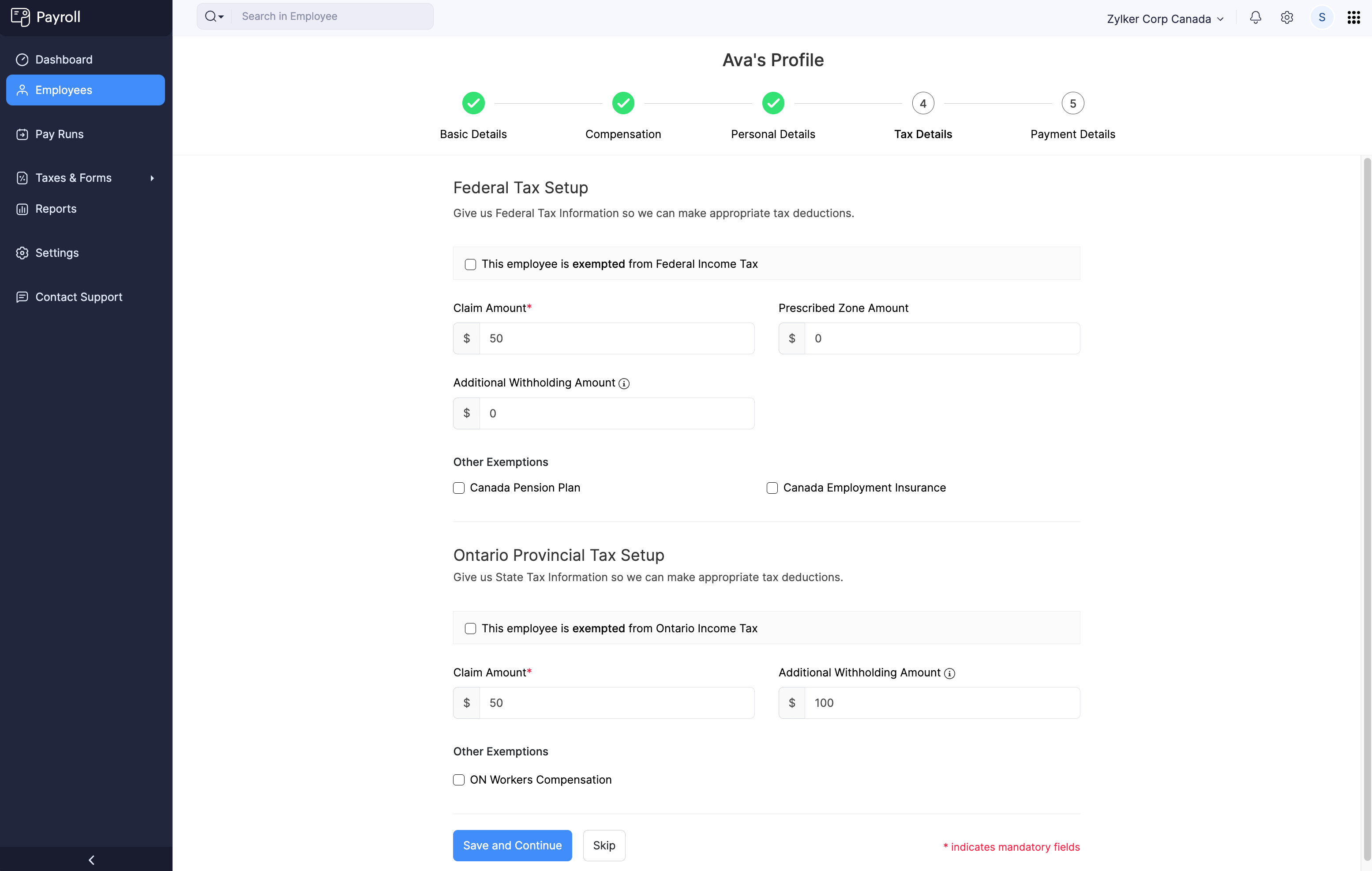 Provide Federal Tax Information of Employee