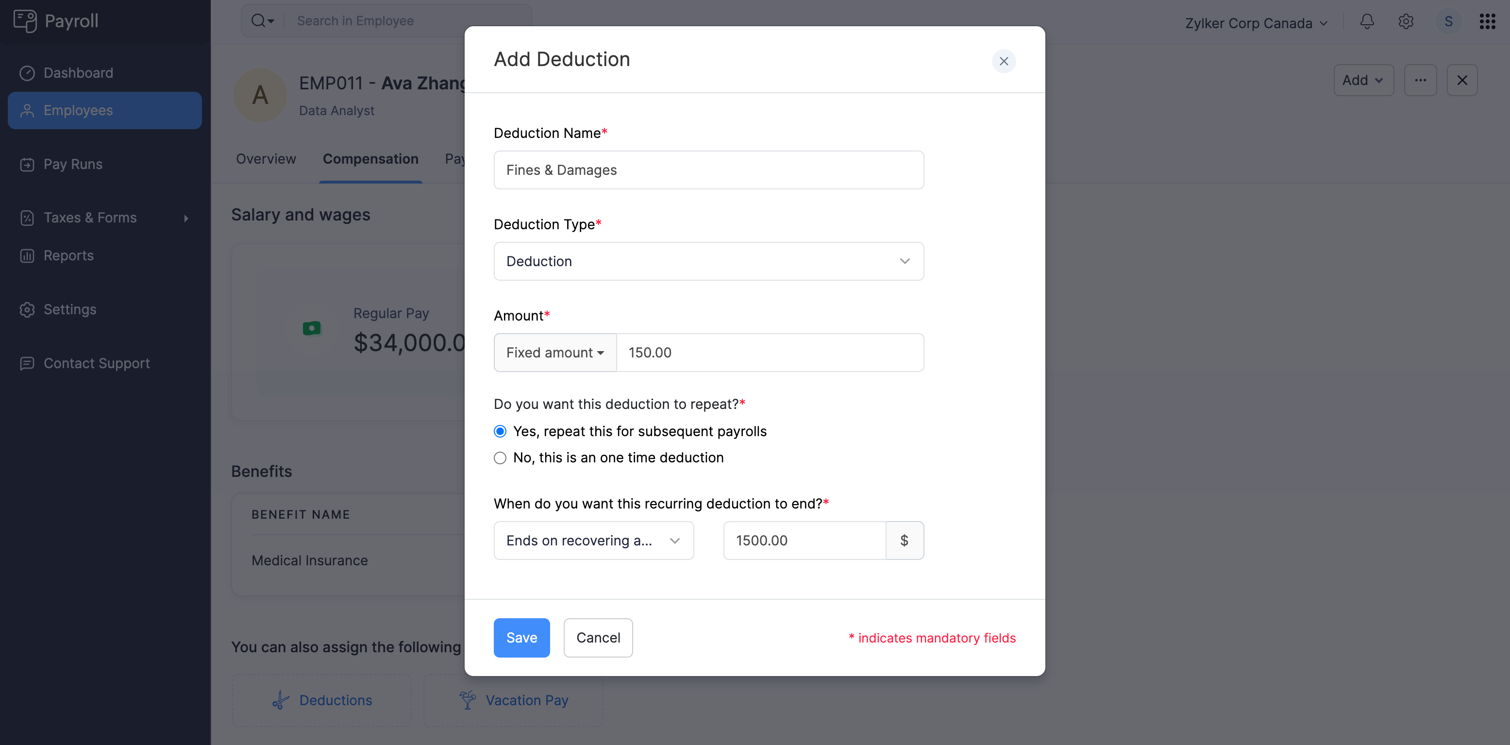 Add Deduction for Employee