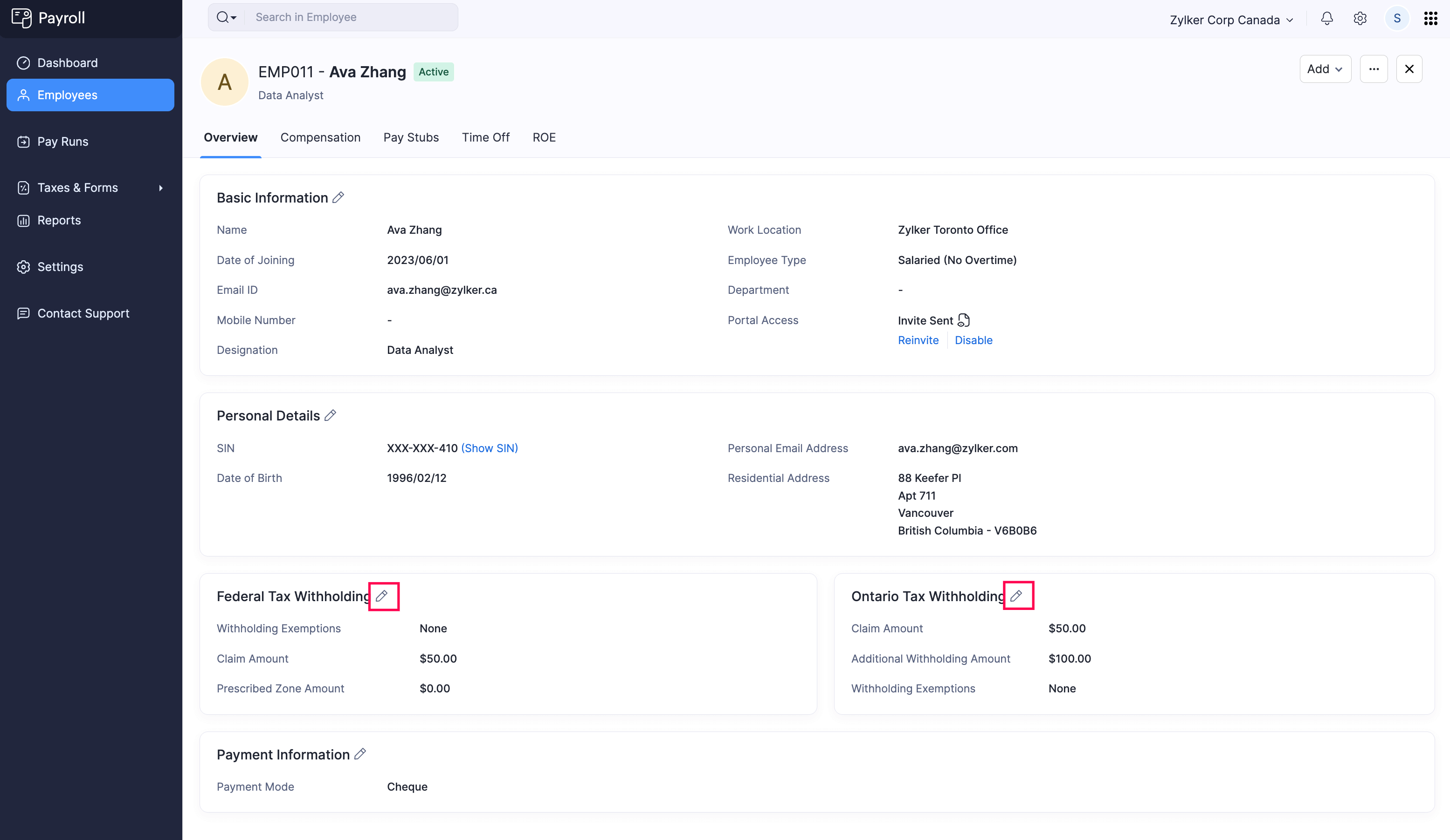 Click Edit Icon to Edit Federal or Provincial Tax Details of an Employee