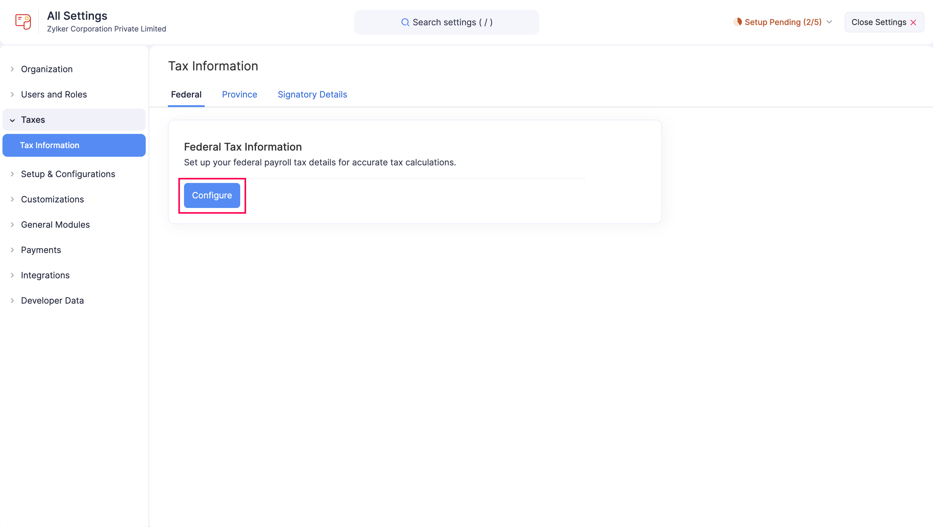 Configure Federal Tax Information