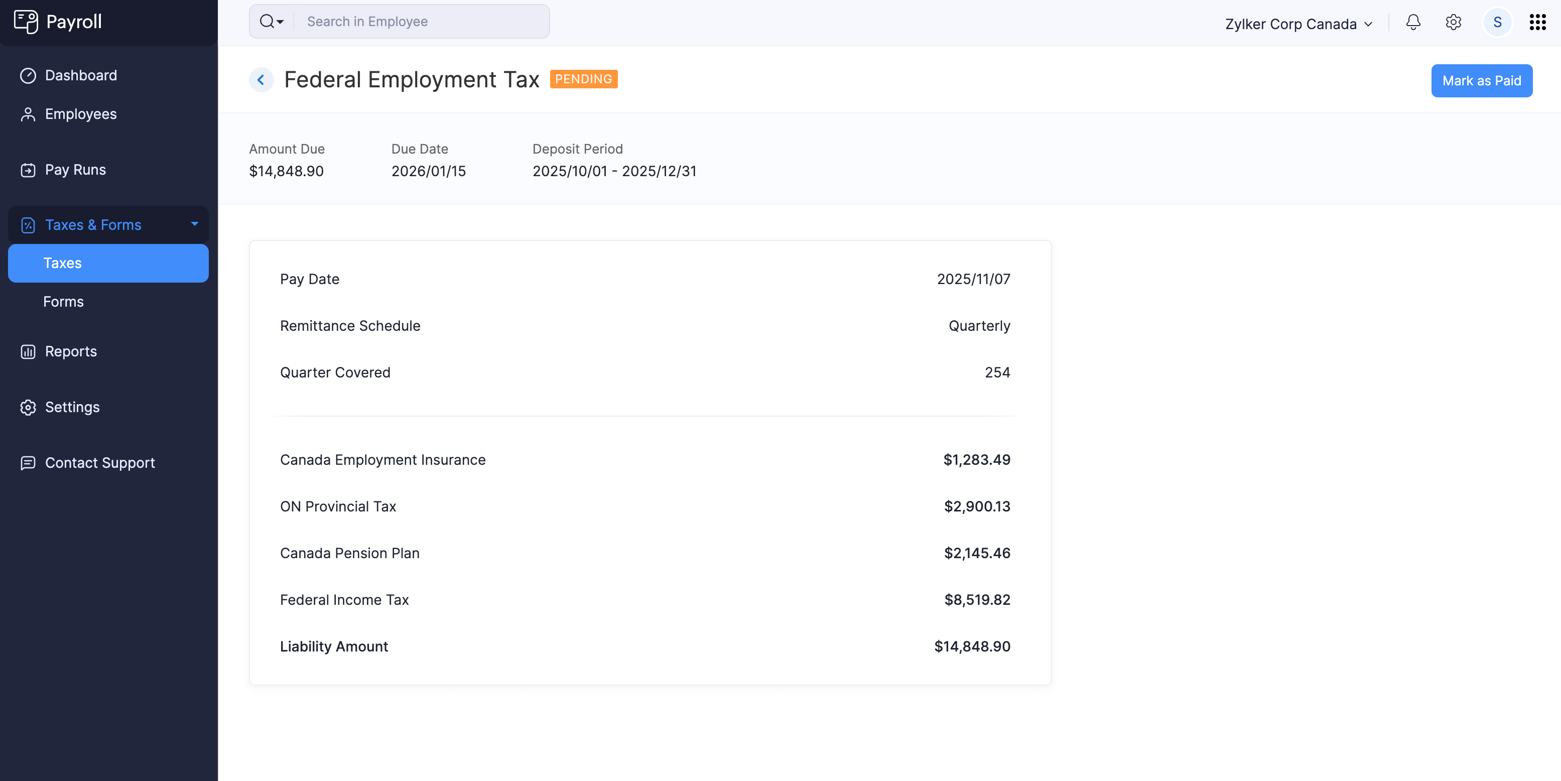 Tax Details in Zoho Payroll