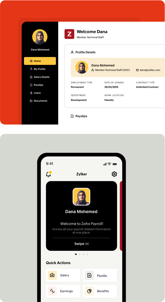 Employee portal mobile and web views of Zoho Payroll Kuwait
