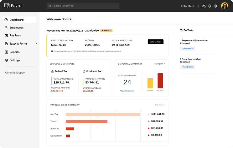 Payroll software dashboard with payroll overview