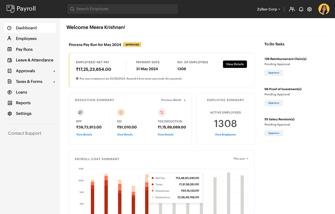 Payroll software dashboard with payroll overview