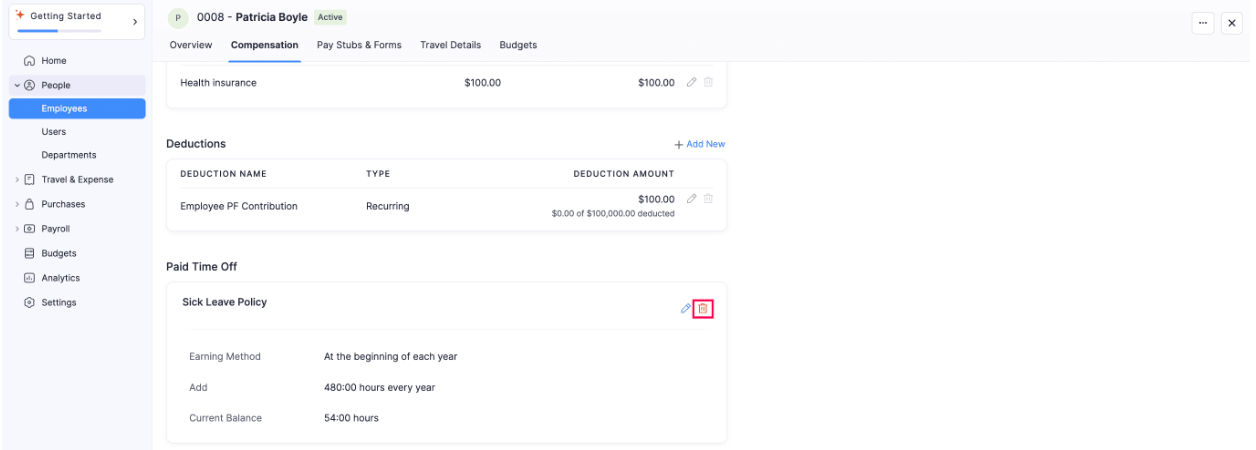 Delete the Sick Leave Policy of this Employee