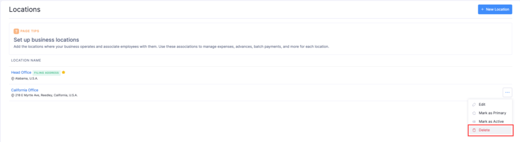 The Locations page. Hover over the required location, click the More icon, and select Delete to delete it.