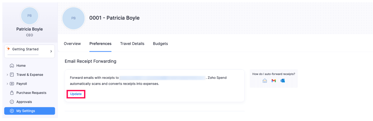 Update Receipt Forwarding Email Address