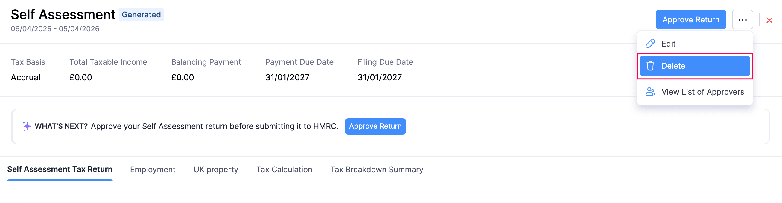 Delete Self Assessment Return
