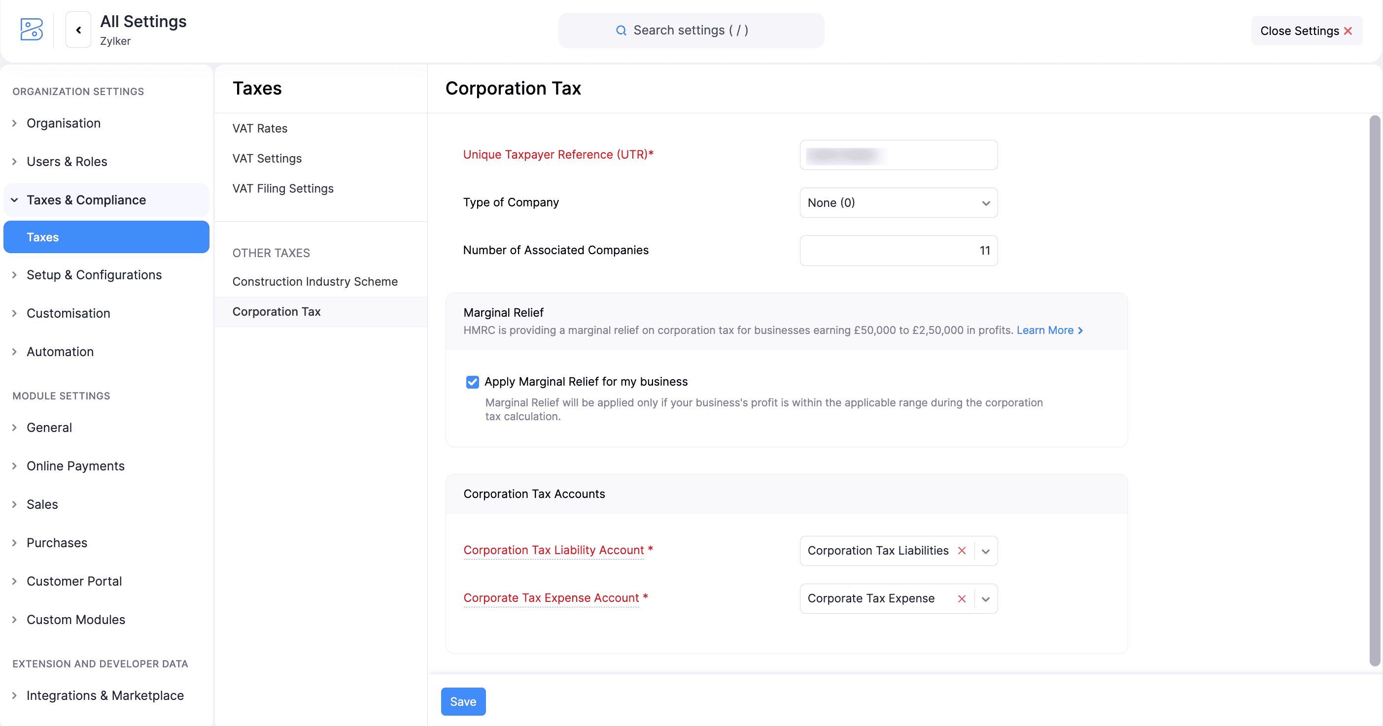 Configure Corporation Tax