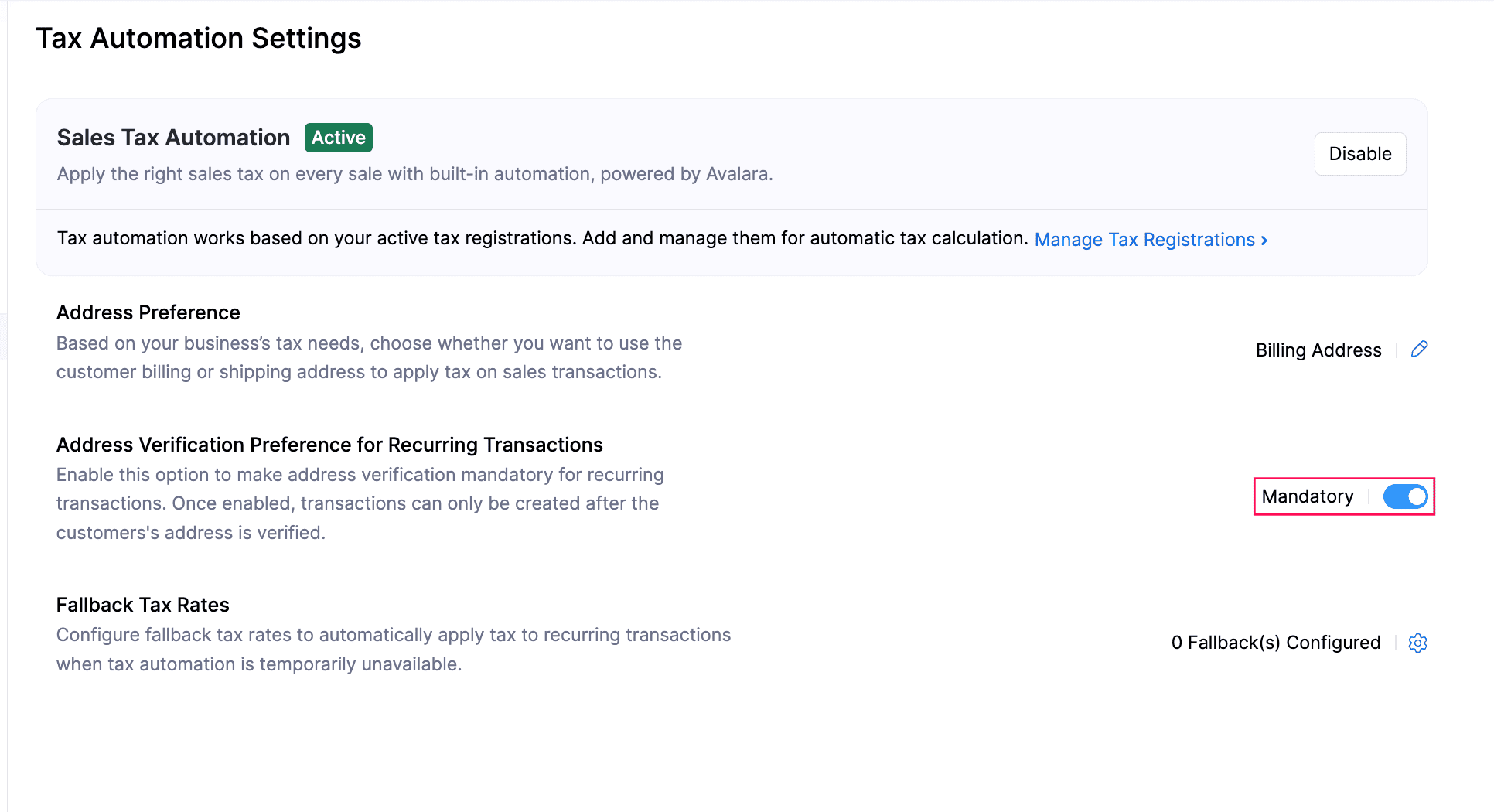 Address Verification Preference for Recurring Transactions